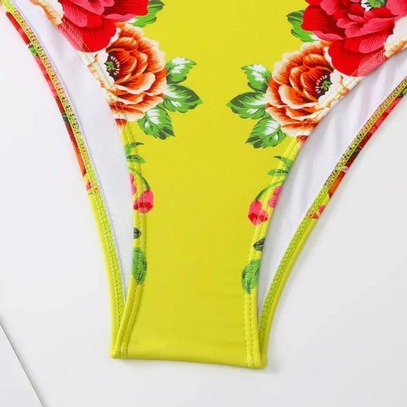 Callie Chartreuse: Red Peony Floral Print Ruffle Cap Sleeve Retro Swimsuit - Picture 14 of 17